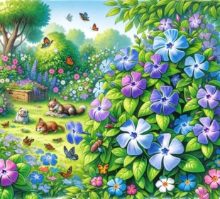 C:\Users\Наталочка\Desktop\DALL·E 2024-03-18 18.20.38 - Illustrate a scene for children showing periwinkle flowers blooming and thriving in a garden, based on Taras Shevchenko's poem. The garden should be f.png